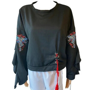 VTG Classic Fashion Collection Black Dragon Embroidered Sleeve Goth Shirt Lady L